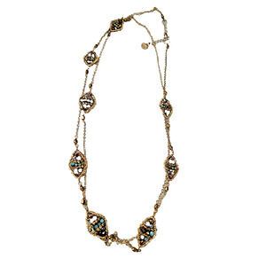 Vintage Makamol Beaded Facet Long Necklace Blue Gold Diamond Shape Statement
